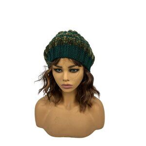 Hand-Knitted Green & Multicolor Wool Blend Womens Beanie Hat